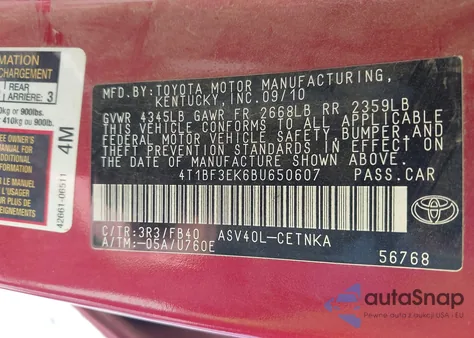 2011 Toyota Camry Le из США, поврежденный, VIN 4T1BF3EK6BU650607